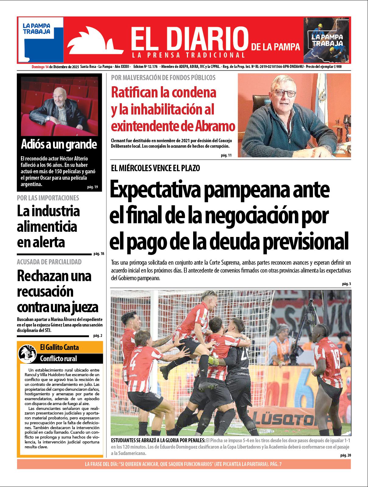 Tapa de El Diario en papel  domingo 14 de diciembre de 2025